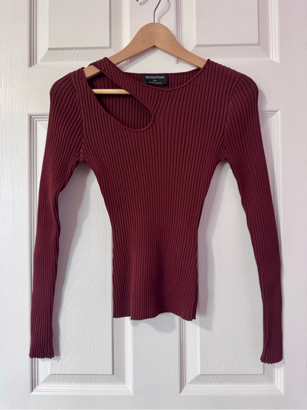 MINKPINK Burgundy Ribbed Asymmetrical Cutout Long Sleeve Top S
